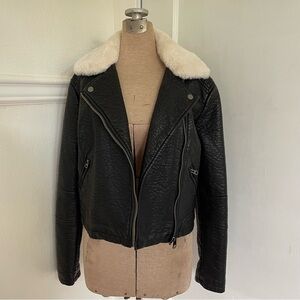 Members Only Black Vegan Leather Jacket with White Collar